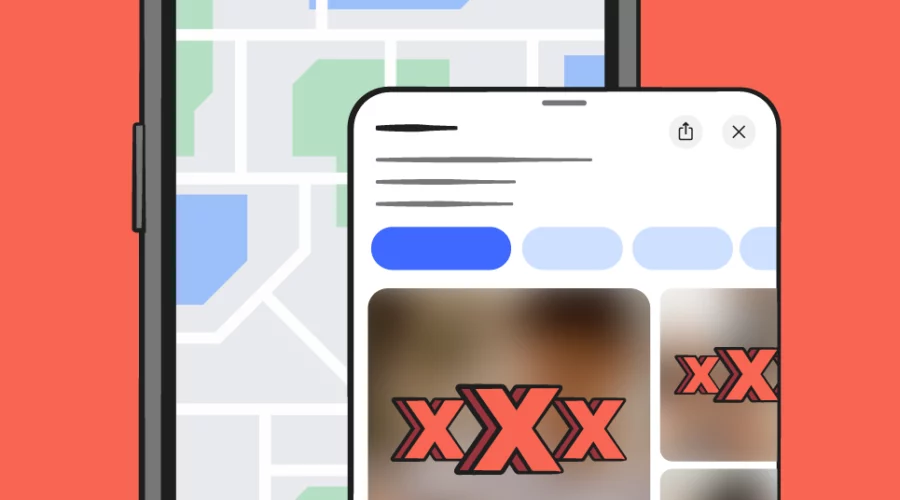 A phone with a location in maps pulled up, explicit content is implied by triple Xs over blurred images.