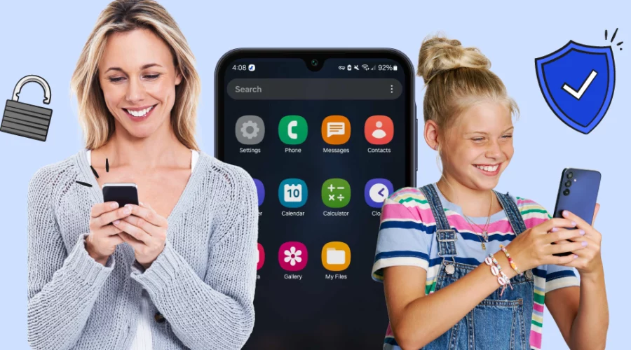 mom and daughter on their phones, android home screen in the background