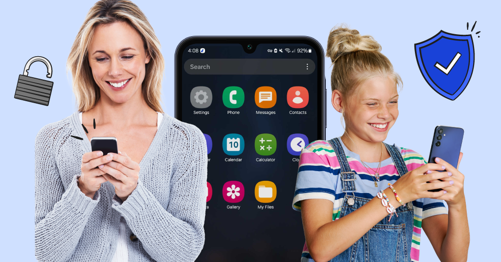 mom and daughter on their phones, android home screen in the background