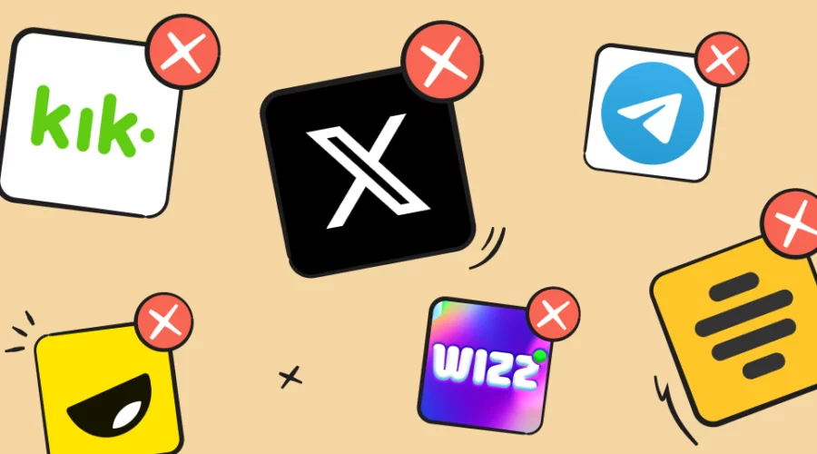 app logos for X, kik, yubo, wizz, bumble, and telegram