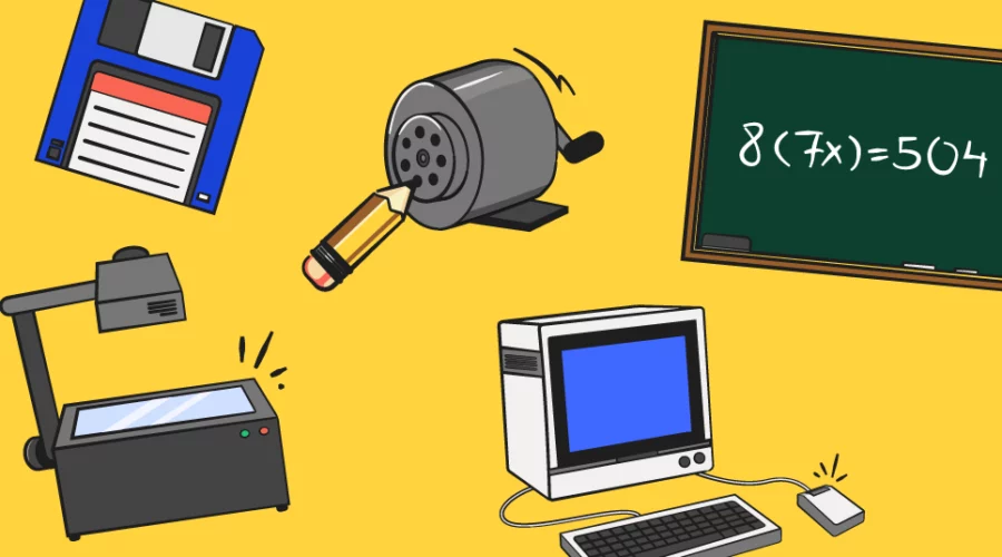 A chalkboard, crank-style pencil sharpener, floppy disk, computer, and an overhead projector over a yellow background