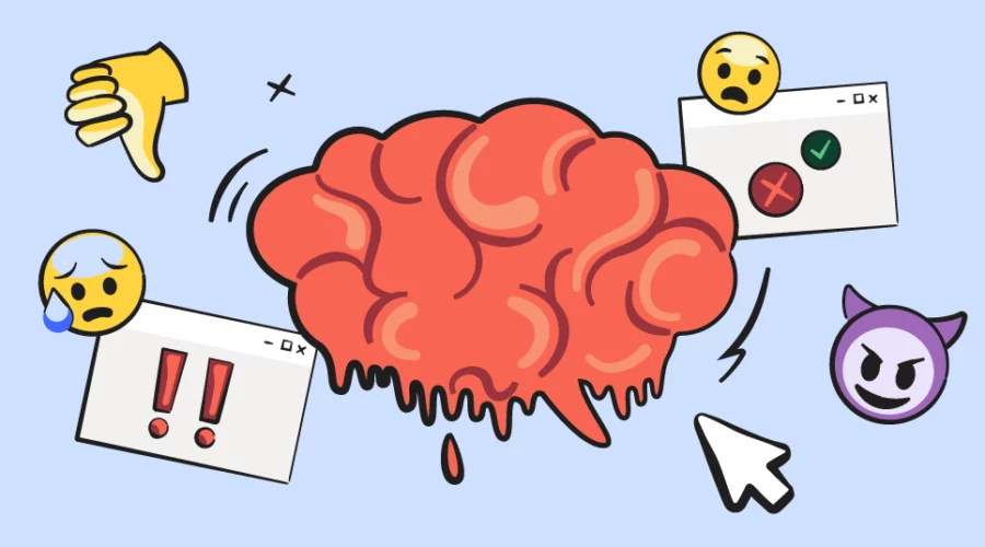 illustrated melting brain with emojis around it