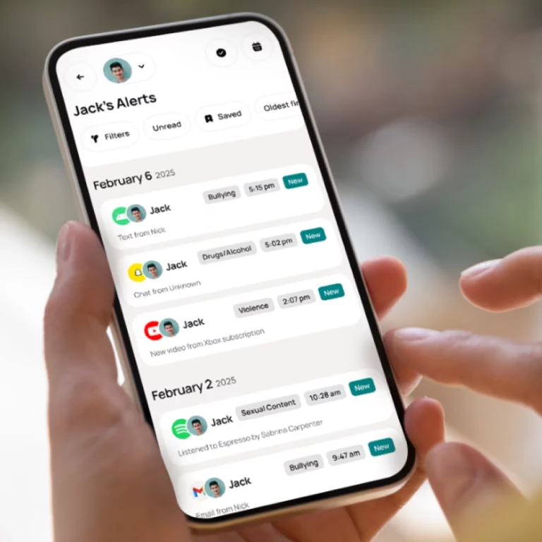 Bark parent dashboard showing real-time alerts for bullying, drugs, violence, and sexual content