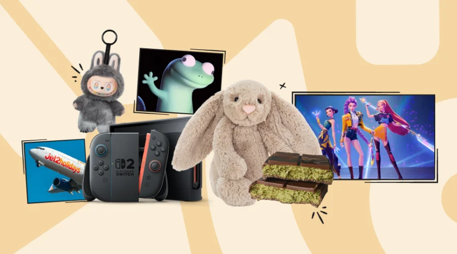 A labubu, picture of a Jet 2 Holiday plane, a JellyCat bunny, a nintendo switch, dubai chocolate bar, animated lizard meme picture, and picture of kpop demon hunters show over a yellow background.