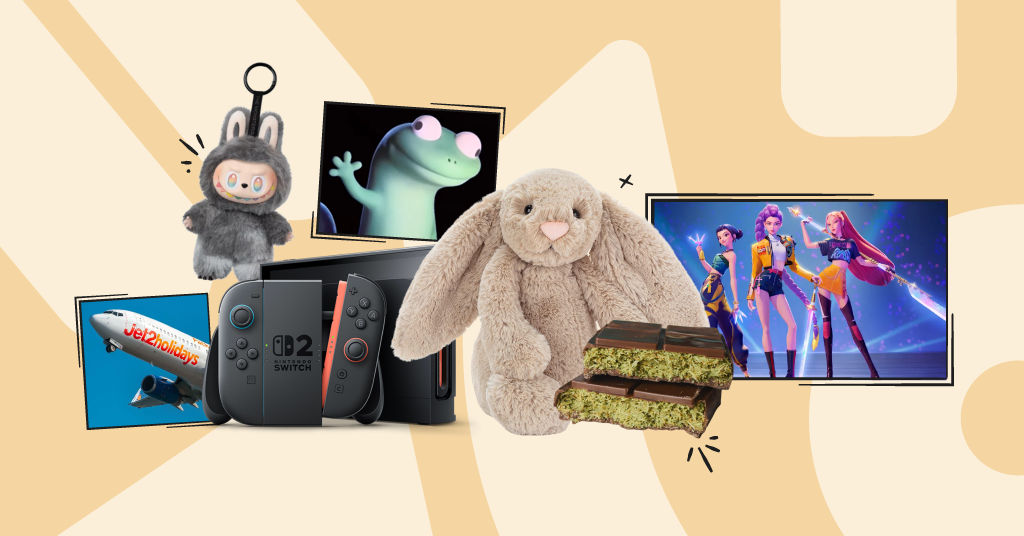 A labubu, picture of a Jet 2 Holiday plane, a JellyCat bunny, a nintendo switch, dubai chocolate bar, animated lizard meme picture, and picture of kpop demon hunters show over a yellow background.