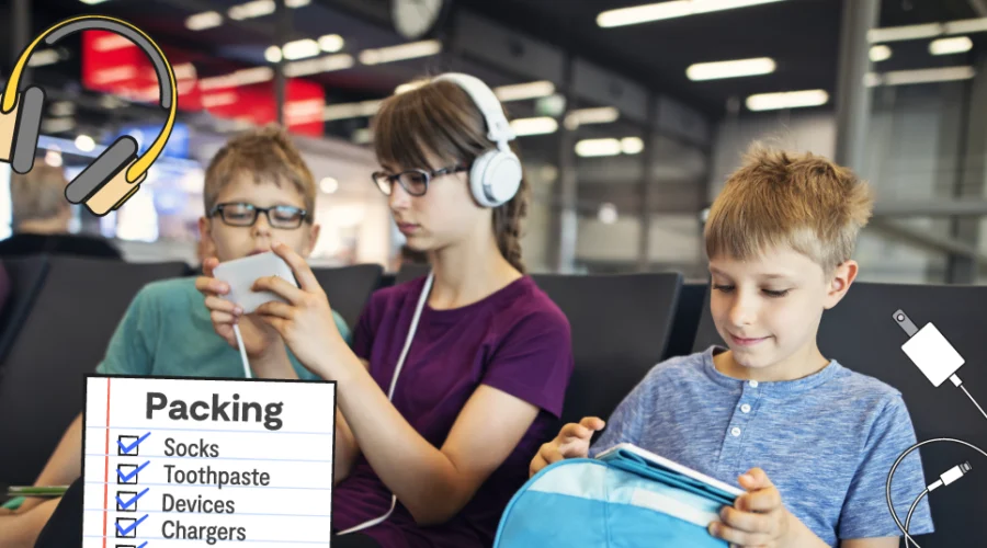 kids sitting in an airport with tech