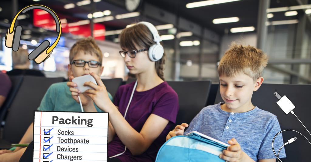 kids sitting in an airport with tech