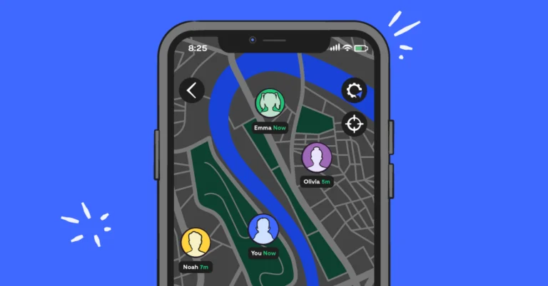 A map on a phone screen, with a four profiles popping up on the map