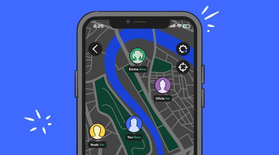 A map on a phone screen, with a four profiles popping up on the map