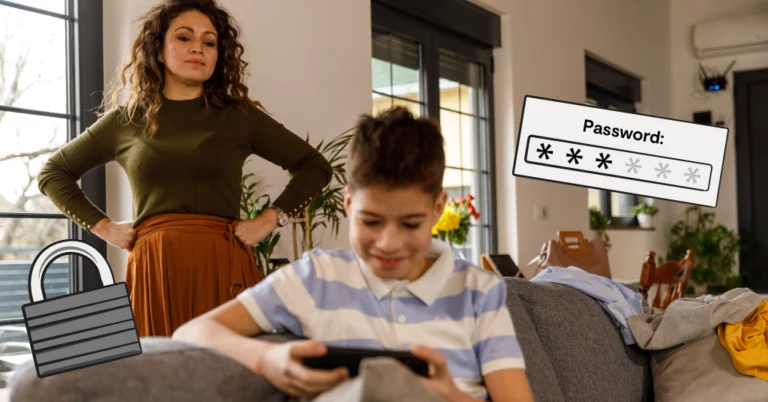 mom looking over her son while he's on device