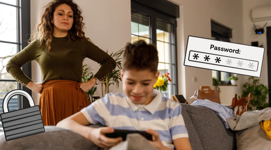 mom looking over her son while he's on device