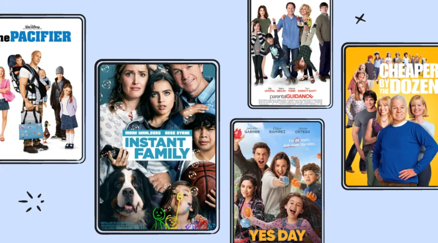 Movie covers over blue background: Instant Family, Yes Day, Cheaper by the Dozen, Parental Guidance, and the Pacifier.