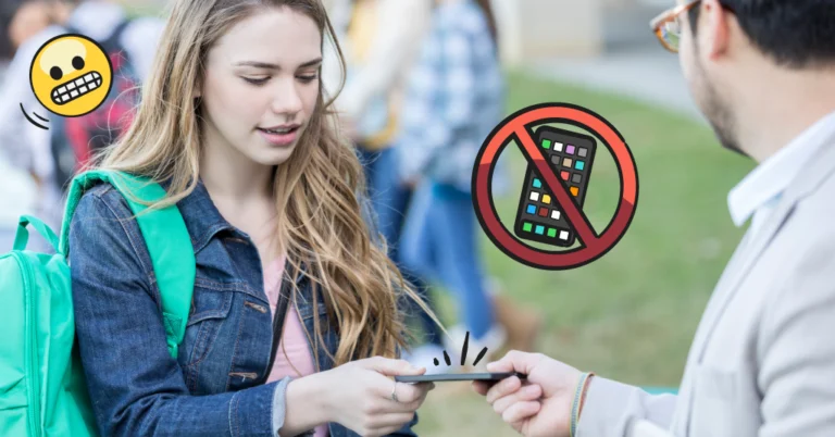 young girl handing her phone to an adult. Grimacing emoji and "no phone" emoji on the photo.