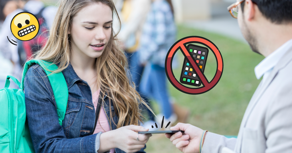 young girl handing her phone to an adult. Grimacing emoji and 