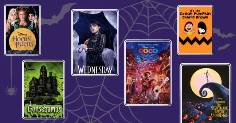 movie posters of hocus pocus, wednesday, goosebumps, coco, nightmare before christmas, charlie brown great pumpkin
