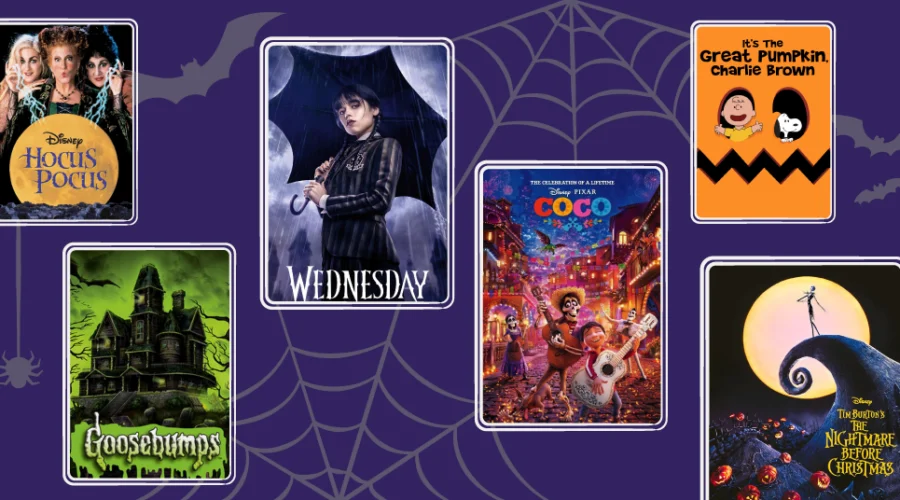 movie posters of hocus pocus, wednesday, goosebumps, coco, nightmare before christmas, charlie brown great pumpkin