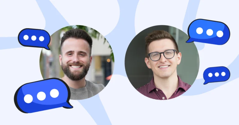 Headshots of Joshua and Brock over a light blue background with dark blue speech bubbles around them.