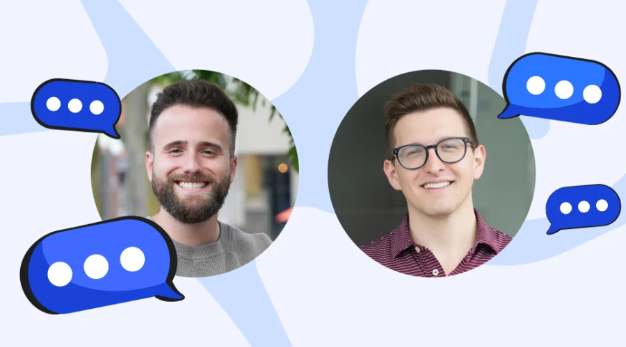 Headshots of Joshua and Brock over a light blue background with dark blue speech bubbles around them.