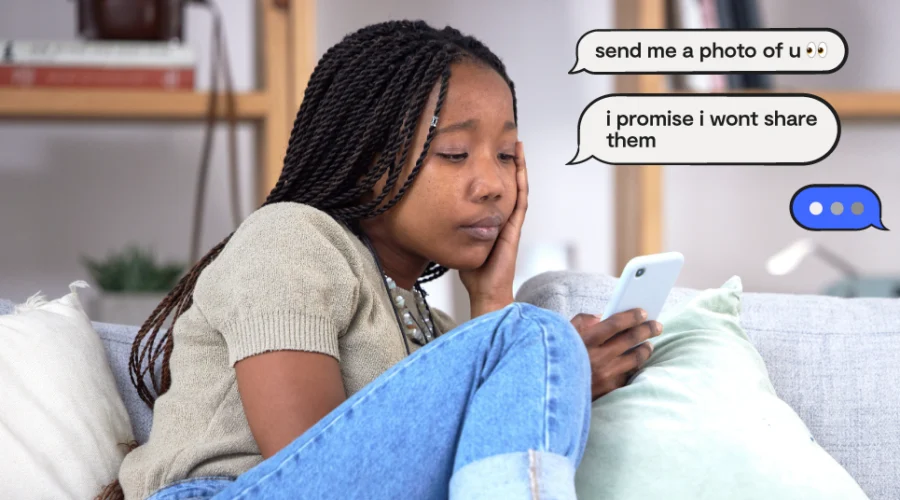 a young, worried girl sitting on a couch looking at her phone with a text conversation on screen reading, "send me a photo of u. I promise I won't share them..."