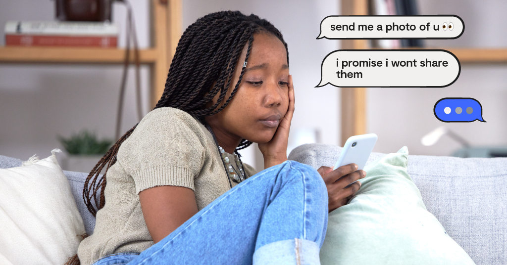 a young, worried girl sitting on a couch looking at her phone with a text conversation on screen reading, 