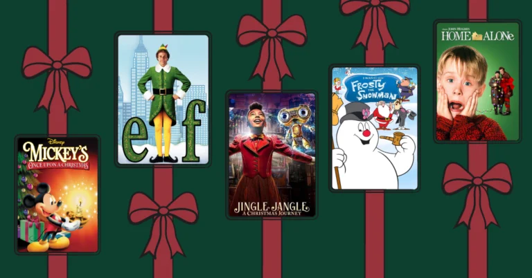family christmas movie posters with holiday ribbon around it