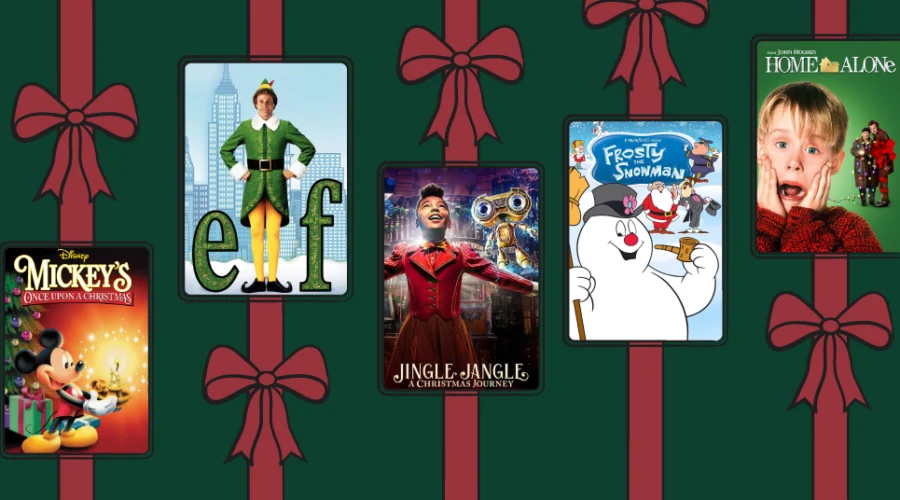 family christmas movie posters with holiday ribbon around it