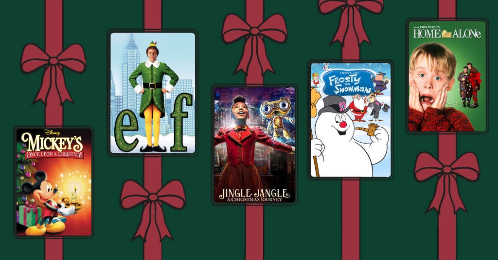 family christmas movie posters with holiday ribbon around it