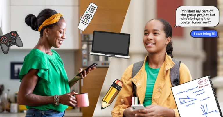 mom and daughter, illustrations of screen time, homework, etc