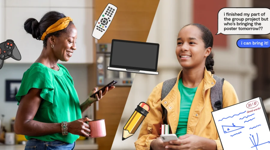 mom and daughter, illustrations of screen time, homework, etc