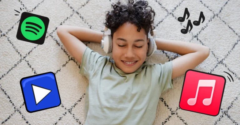 teen boy with headphones on and music app logos