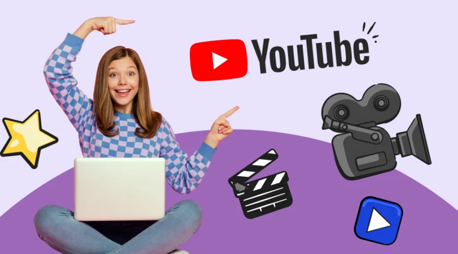 kid with a laptop pointing to youtube logo