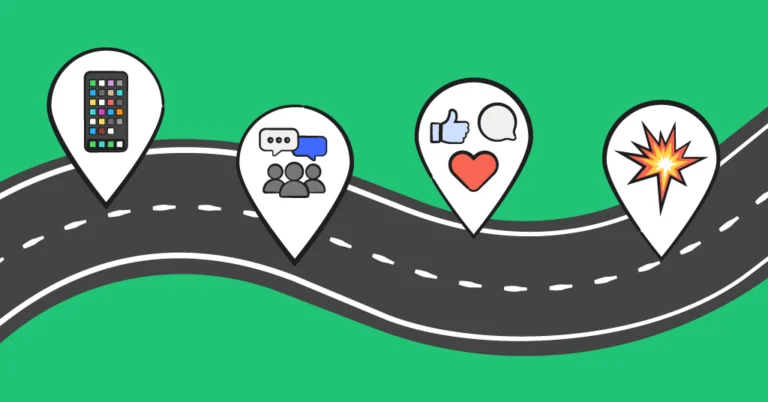 A road over a green background, with four location tags of emojis.