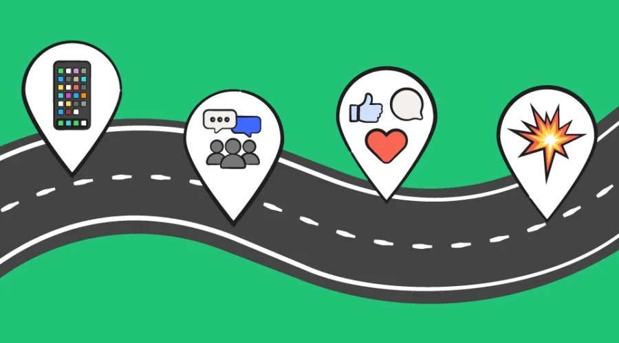 A road over a green background, with four location tags of emojis.