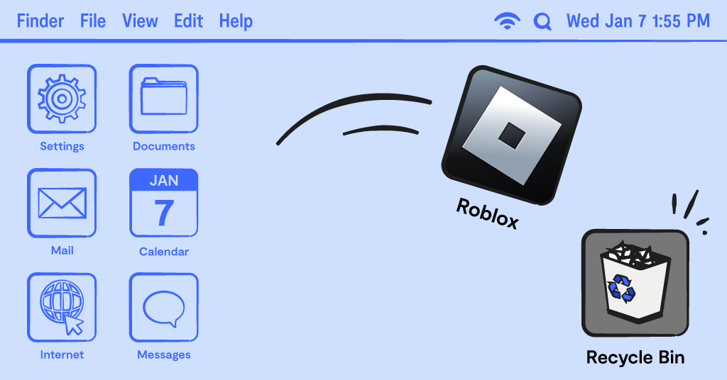 roblox logo being thrown into a trash on desktop