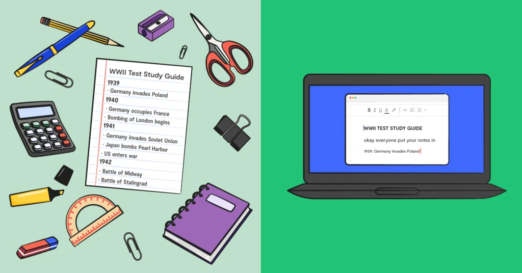 split screen, one side is paper and pencil stuff, other side is a laptop