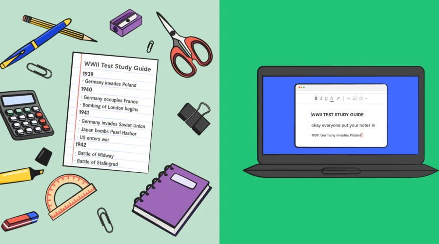 split screen, one side is paper and pencil stuff, other side is a laptop