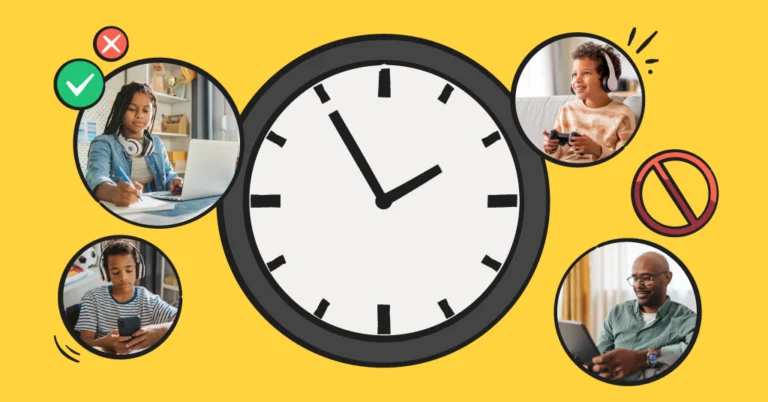 a clock illustration, with four images of family members surrounding it