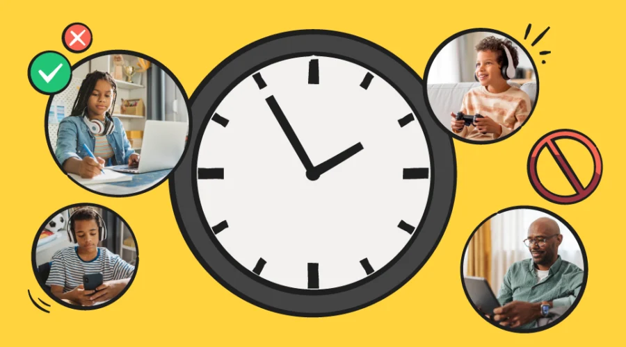 a clock illustration, with four images of family members surrounding it