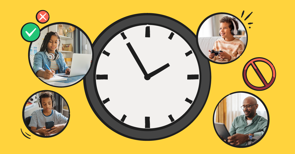 a clock illustration, with four images of family members surrounding it