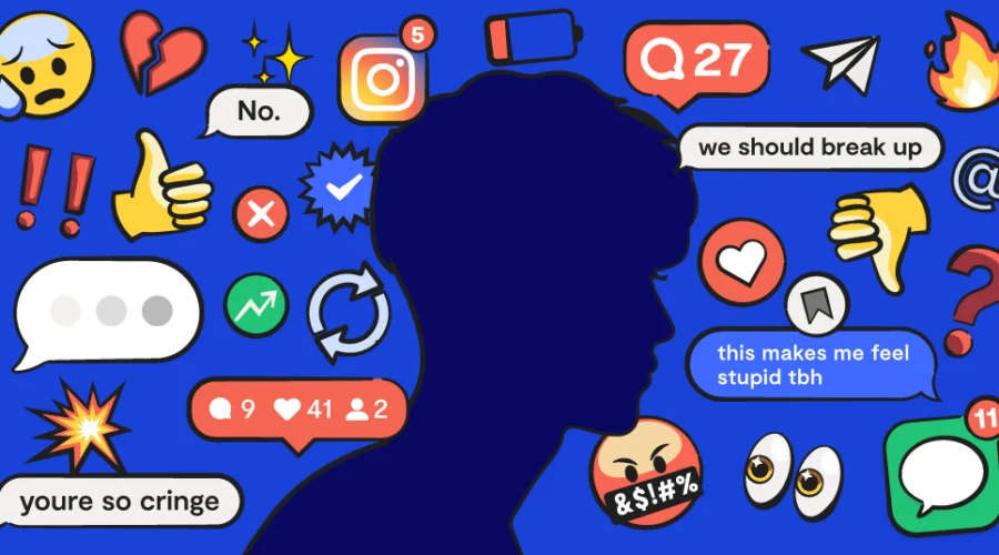 silouette of a teen boy with social media illustrations around him