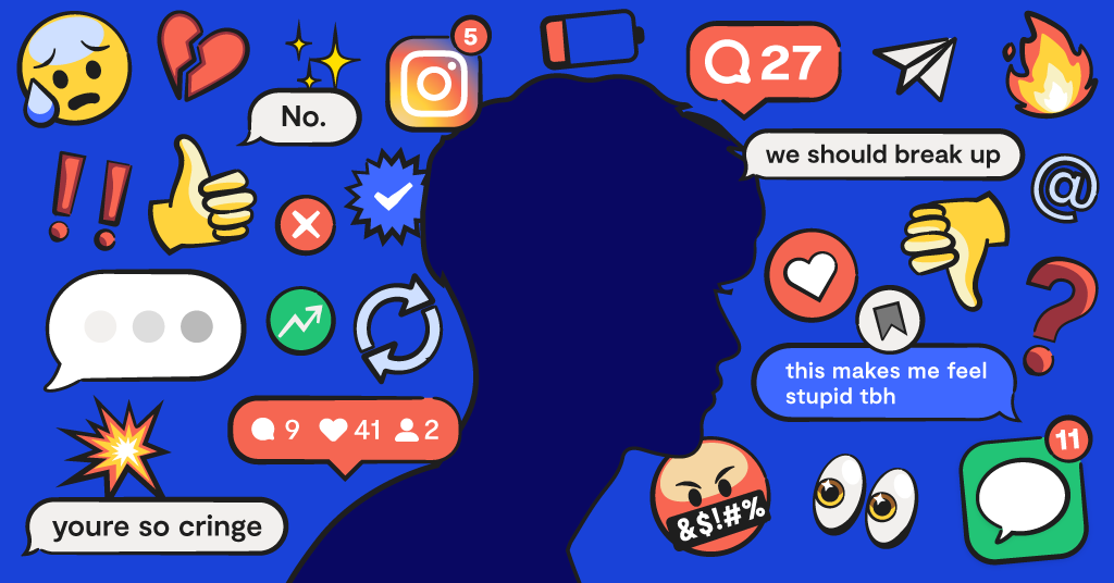 silouette of a teen boy with social media illustrations around him