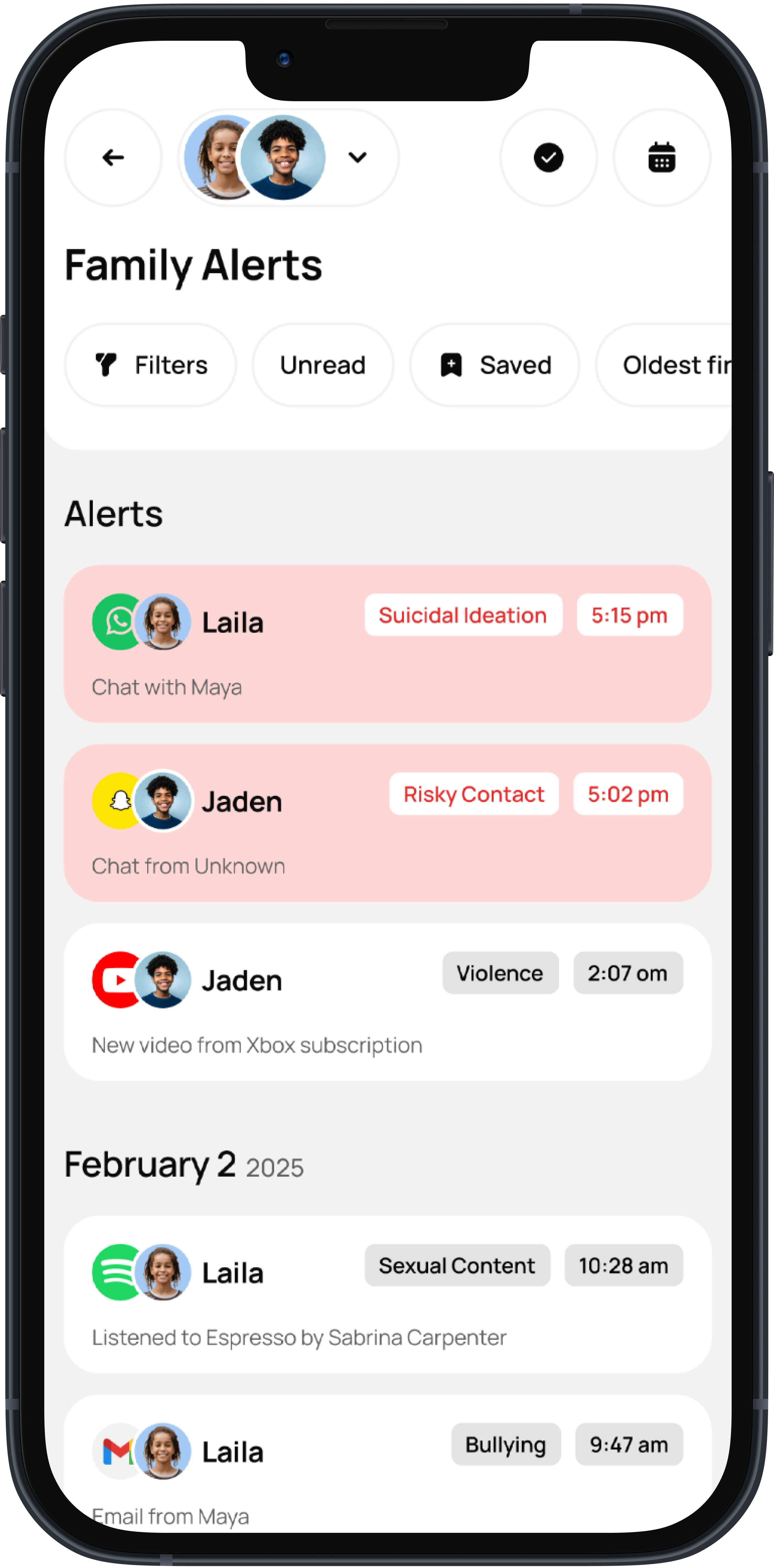 Bark parent app Family Alerts screen showing monitoring alerts