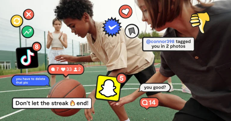 kids playing sports with social media graphics everywhere