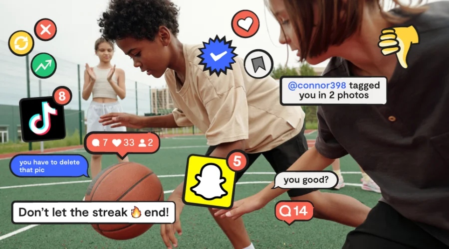 kids playing sports with social media graphics everywhere