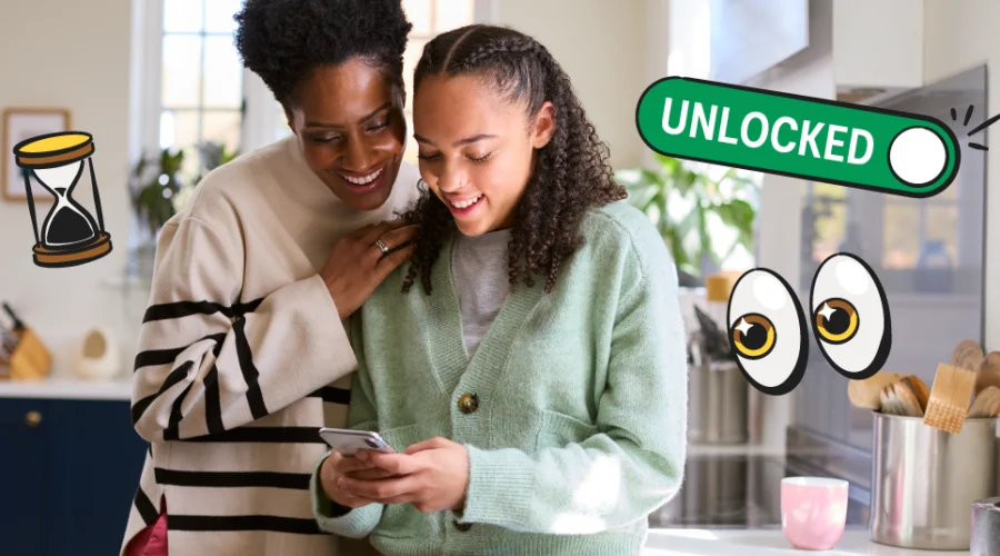 mother and daughter looking at phone