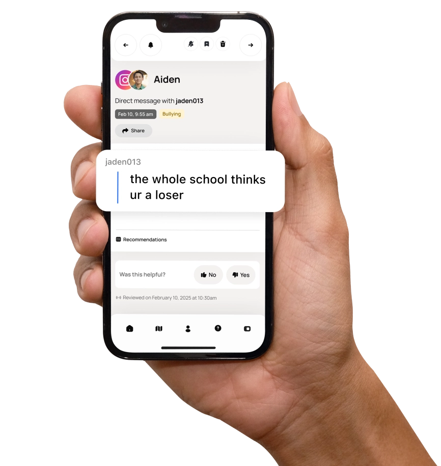 Bark app showing a bullying alert on a parent's phone