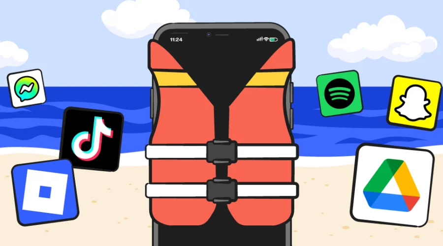life jacket surrounded by social media icons