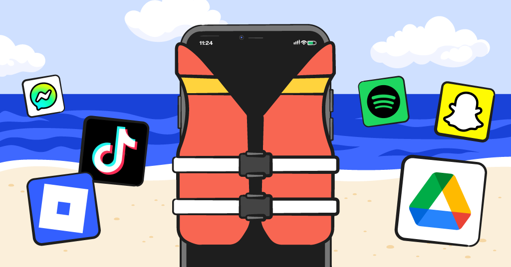 life jacket surrounded by social media icons