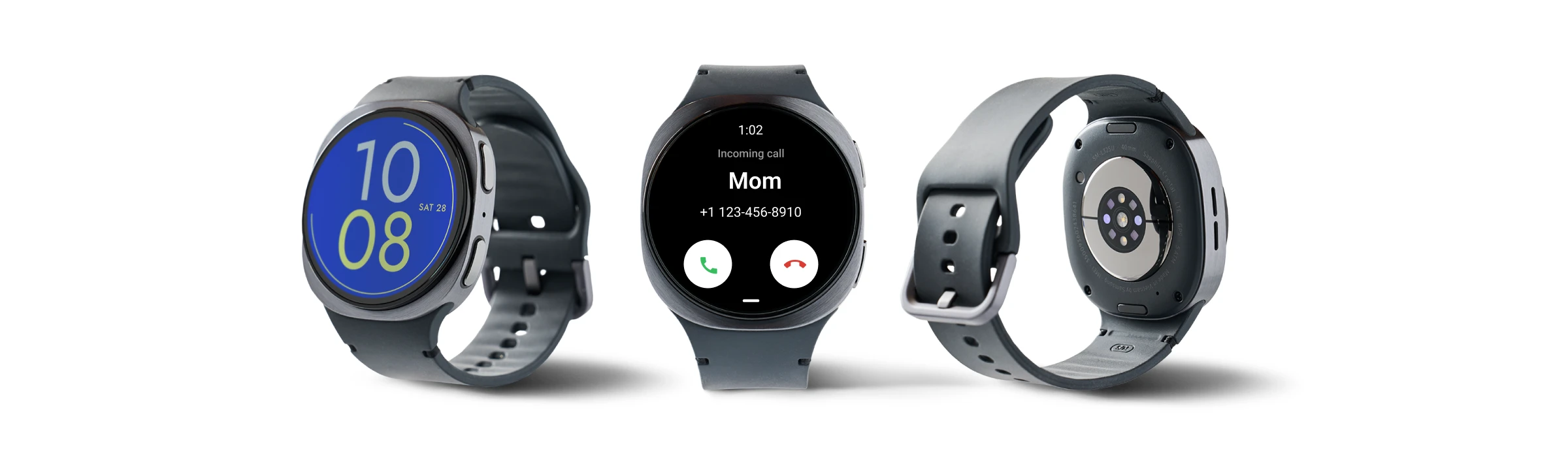 The Bark Watch from the front, showing an incoming call, and from the back