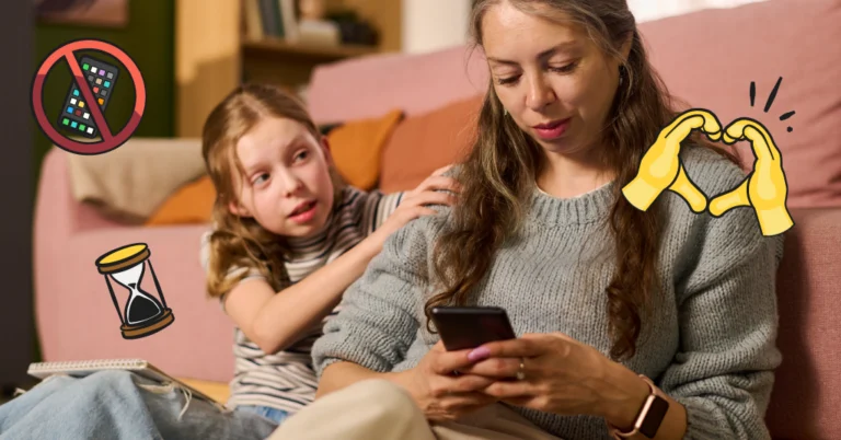 mom on phone next to daughter